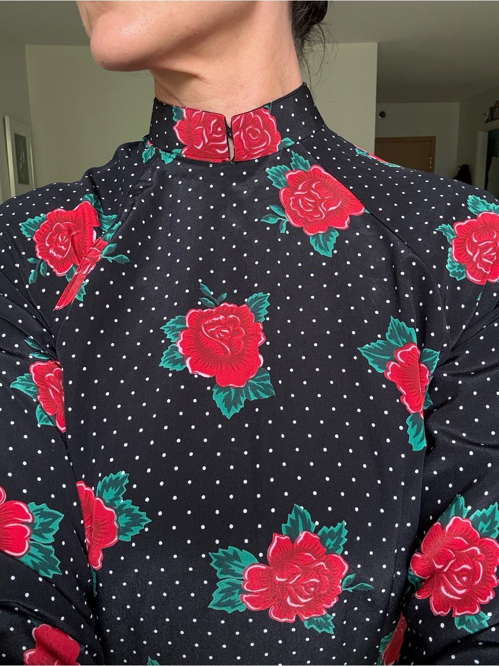 Vintage Black Midi Dress with Red Rose & White Polka Dots